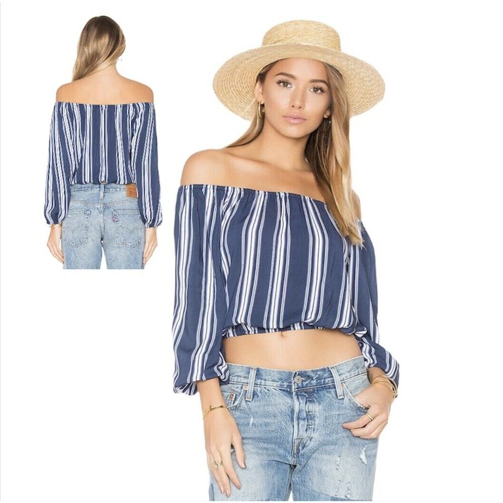 Show Me Your Mumu Revolve Lima Navy White Stripe Off Shoulder Crop Top Med